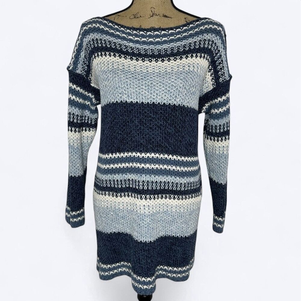Vtg‎ 90s The Limited Long Knit Sweater Sz M Blue White Stripe Boat Neck Coastal